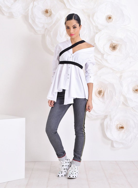 White Asymmetrical Tunic Button Down 