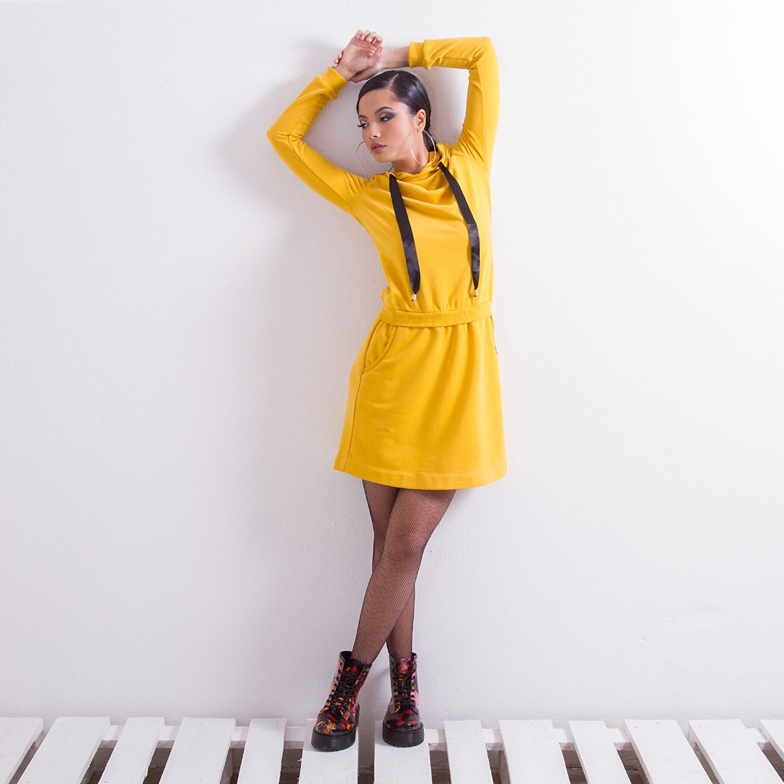 Yellow Hoodie Dress/ Sport Casualdress/ Long Sleeve Dress/plus Etsy