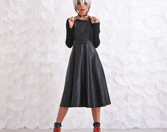 black faux leather pinafore dress Wild Fable Women's Black Faux Leather Zip Front Mini Pinafore Dress- Size Small