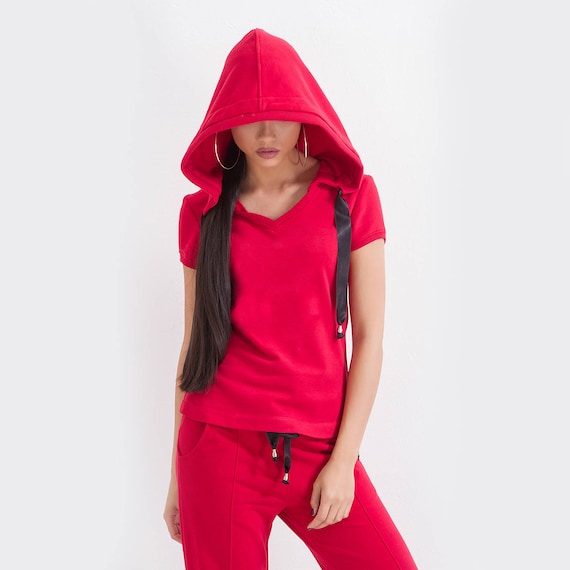 Red Hoodie Hoodie Top Woman Hoodie Red Tshirt Woman Blouse