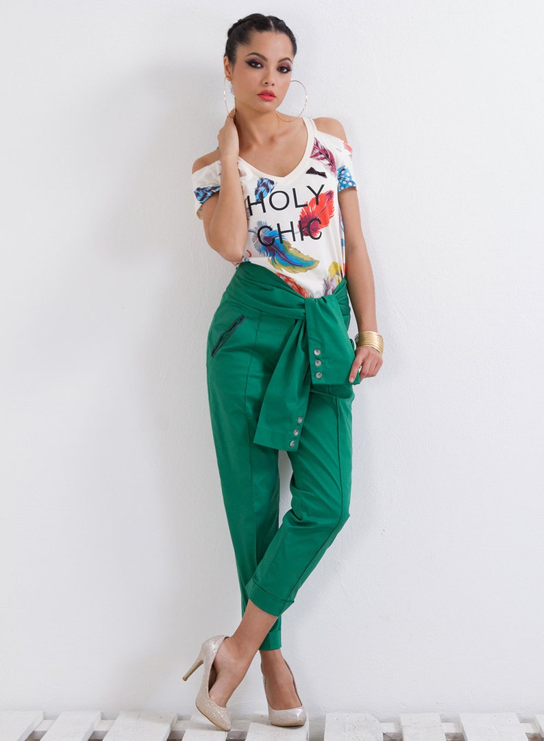 Casual Pants/ High Waist Pants/ Green Pants/ Drop Crotch Pants/ Crepe Pants/ Loose Pants/ Straight Leg Pants/ Midi Pants/ Friends Fashion image 1