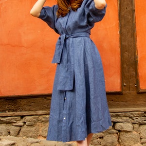 Denim linen dress, long loose dress, wrap dress, belted linen dress, summer long sleeve dress, linen clothing by Friends Fashion image 1