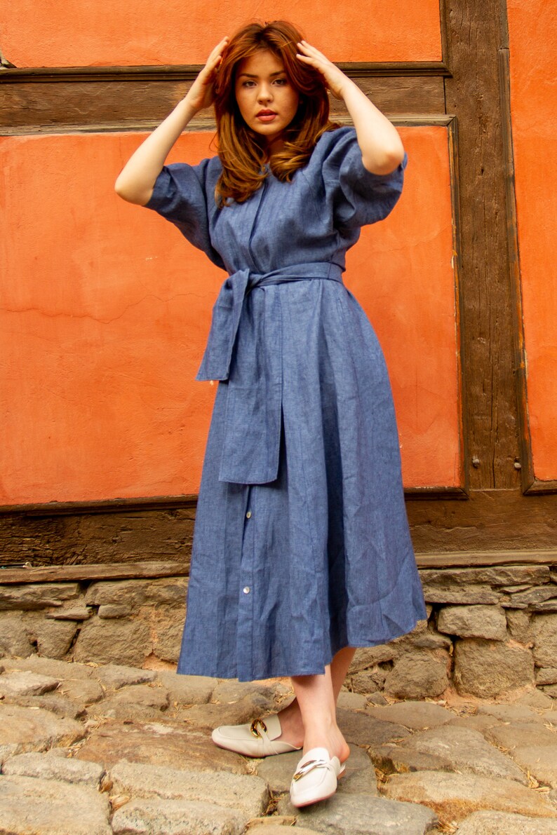 Denim linen dress, long loose dress, wrap dress, belted linen dress, summer long sleeve dress, linen clothing by Friends Fashion image 1