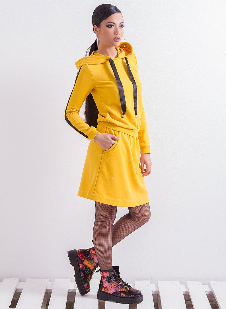 Yellow Hoodie Dress/ Sport Casualdress/ Long Sleeve Dress/plus Etsy
