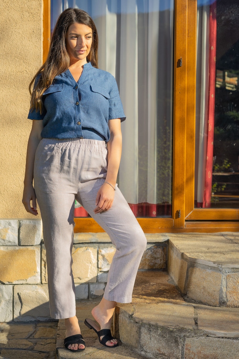 Basic Linen Pants with pockets, Elastic Waist Linen Trousers, Lounge Plus Size Pants image 1