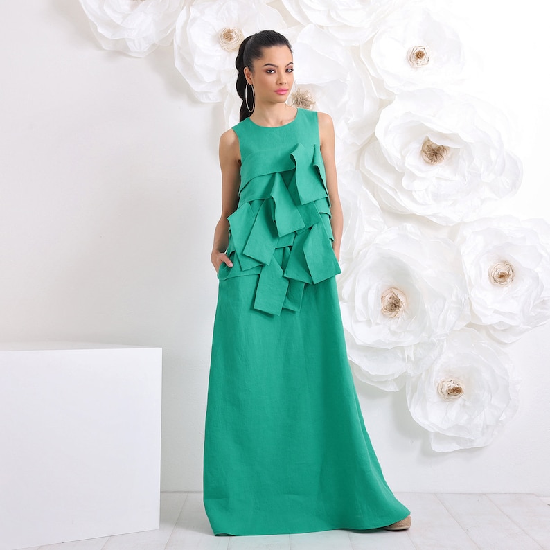 St. Patrick's Day Linen Maxi Dress Plus Size Summer Dress in Elegant Green Linen image 2