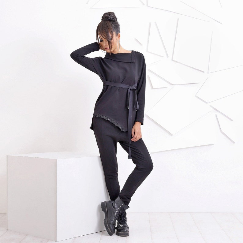 Asymmetric Top, Womens Clothing, Black Cotton Blouse image 1