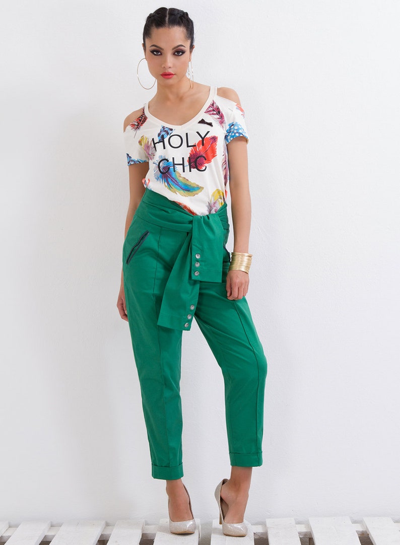 Casual Pants/ High Waist Pants/ Green Pants/ Drop Crotch Pants/ Crepe Pants/ Loose Pants/ Straight Leg Pants/ Midi Pants/ Friends Fashion image 5