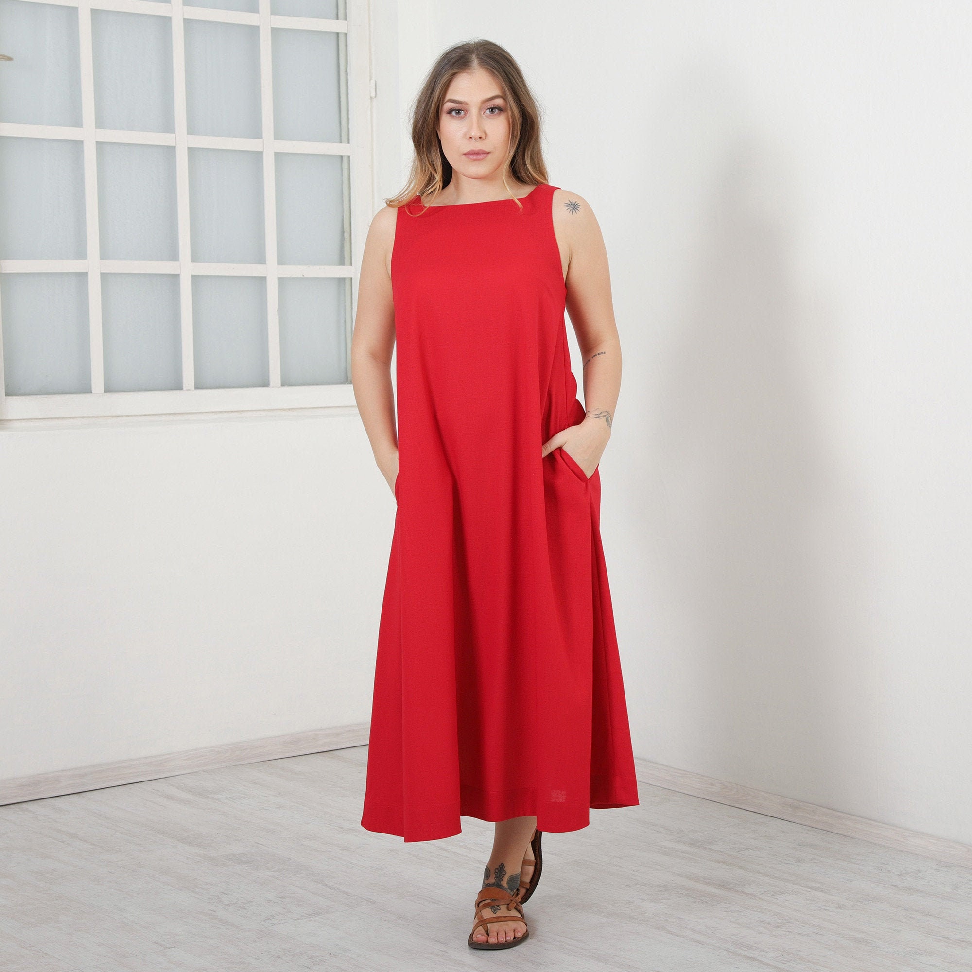 Red Cocktail Dress SAMANTHA Linen Sleeveless Dress Long | Etsy