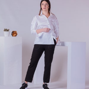 Asymmetric Buttons Shirt, Unusual Shirt, Woman Dress Shirt, Trendy Minimalist Top, White Summer Office Blouse image 1