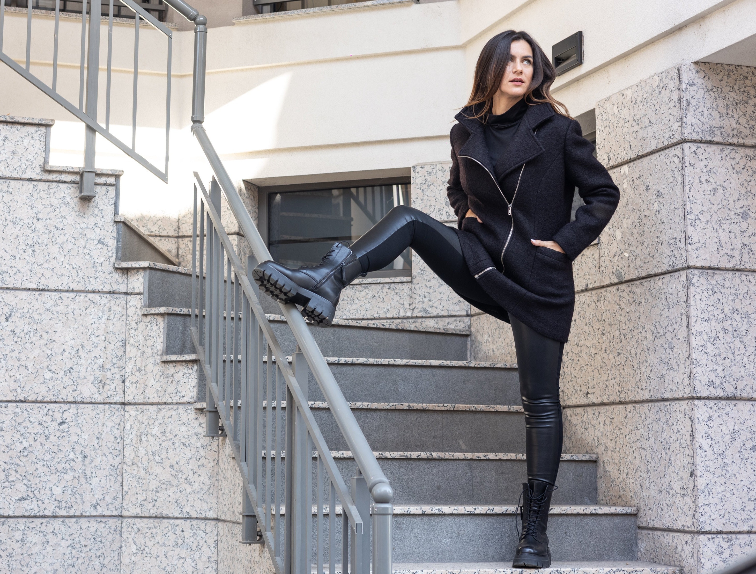 Black Winter High Collar Wool Jacket, Wool Winter Coat, Wool