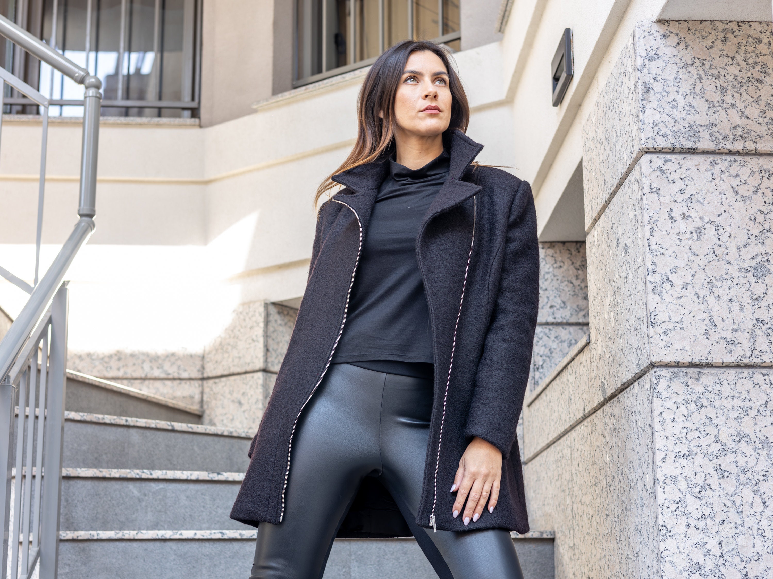 Black Winter High Collar Wool Jacket, Wool Winter Coat, Wool Black Winter High Collar Wool Jacket, Wool Winter Coat, Wool