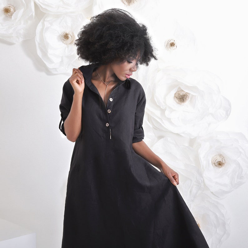 Linen Dress For Women, Black Linen Dress, Plus Size Clothing, Black Shirt Dress, Plus Size Linen Dress, Linen Shirt Dress, Linen Clothing image 5