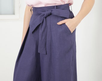 Linen Wide Leg Pants, High Waisted Palazzo Pants, Linen Capri Trousers, Pants Skirt, Plus Size Clothing