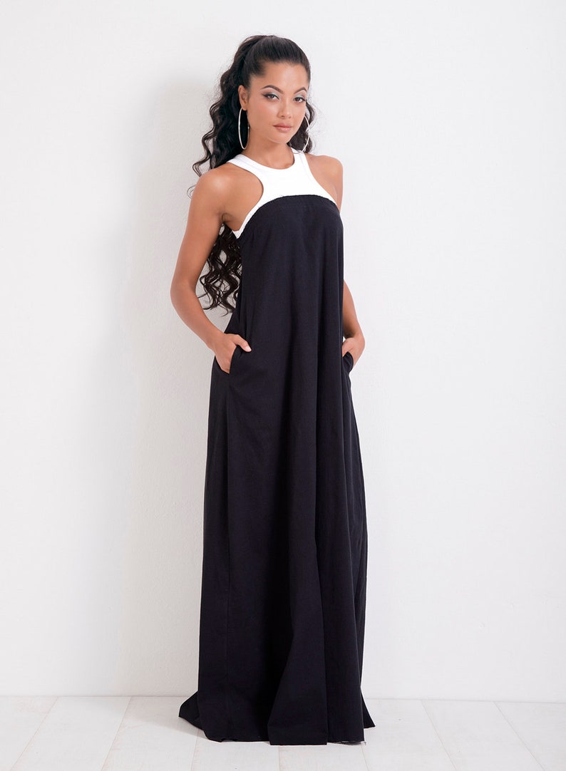 Long Summer Dress/ Maxi Black Withe Dress/ Sleeveless Casual - Etsy