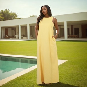 Linen Maxi Dress with Pockets – Sleeveless Summer Plus Size