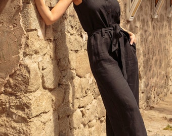 Black Linen Overall, linen jumpsuit, loose avant garde jumpsuit, loose linen overall, washed linen romper, linen clothing by Friends Fashion