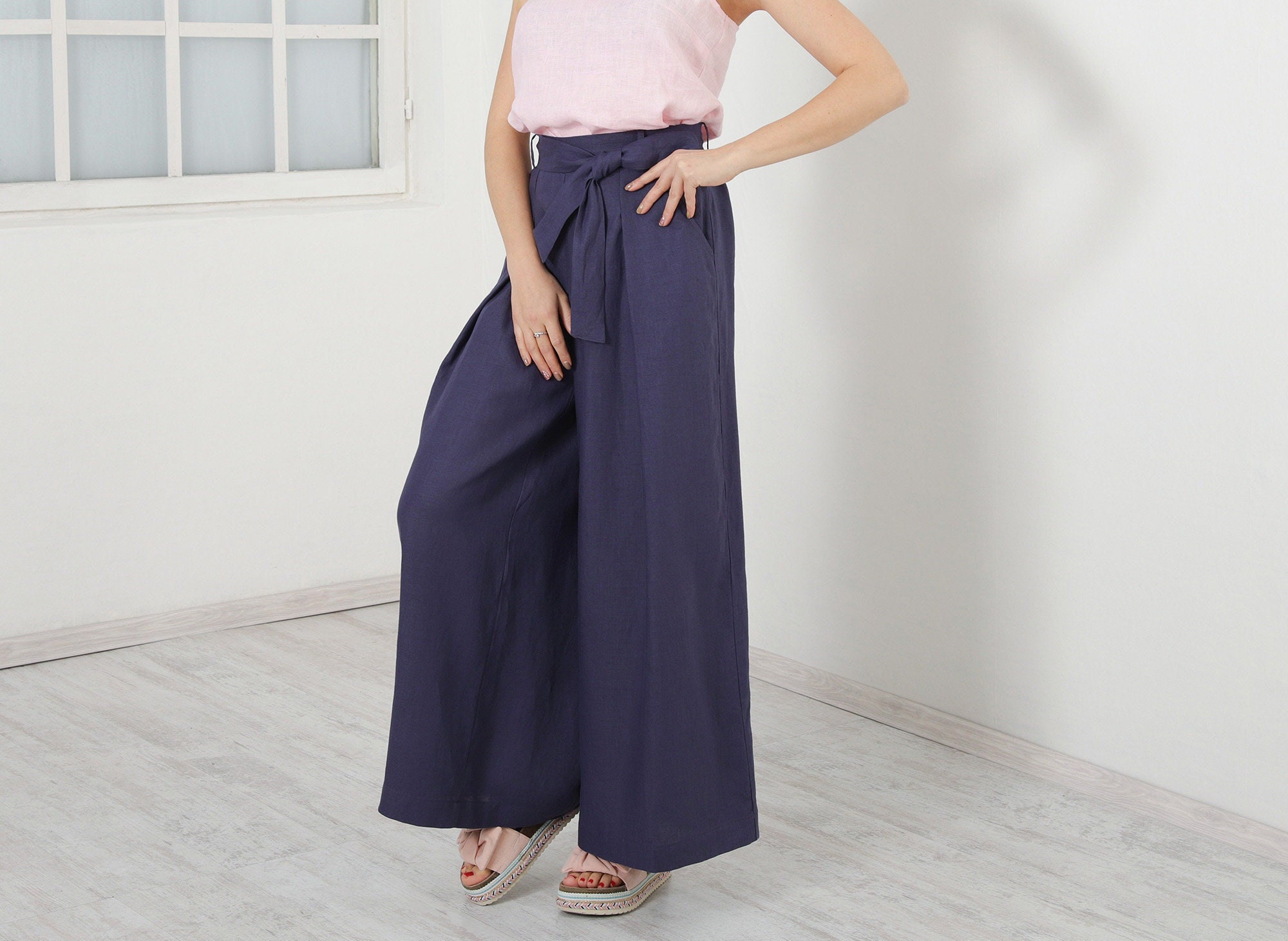 Squrely Women's Wide Leg Relaxed Solid Palazzo Pants (Free Size, Navy Blue)