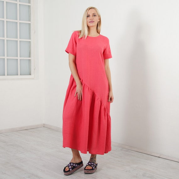 Linnen jurk tot enkel lange vlasjurk maxi jurk kaftan oversized jurk met korte mouwen van Friends Fashion Etsy Belgie
