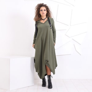 Hooded Dress, Winter Dress, Elves Clothing, Asymmetric Dress, Plus Size Clothing, Woodland Dress, Khaki Dress, Urban Clothing, Long Sleeve image 2