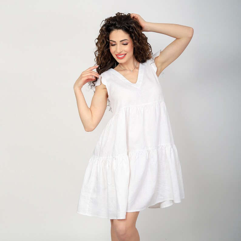 Short Linen Dress JASMINE. Linen Summer Dress with Wings Sleeves, Maternity Short Dress image 3