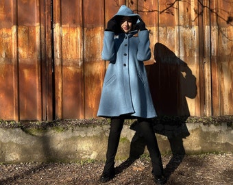 Light Blue Coat, Ready to Ship, Size L, 100% Boiled Wool, Winter Coat Women, Plus Size Clothing, Hooded Coat, Blue Coat, Big Coat