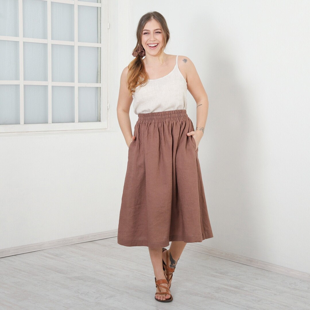 Linen Skirt With Pockets and Elastic Waist Midi Linen Skirt Etsy