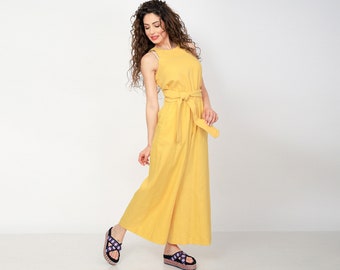 Linen Overall, Wrap Linen Jumpsuit, Yellow Palazzo Jumpsuit, Loose Linen Jumpsuit