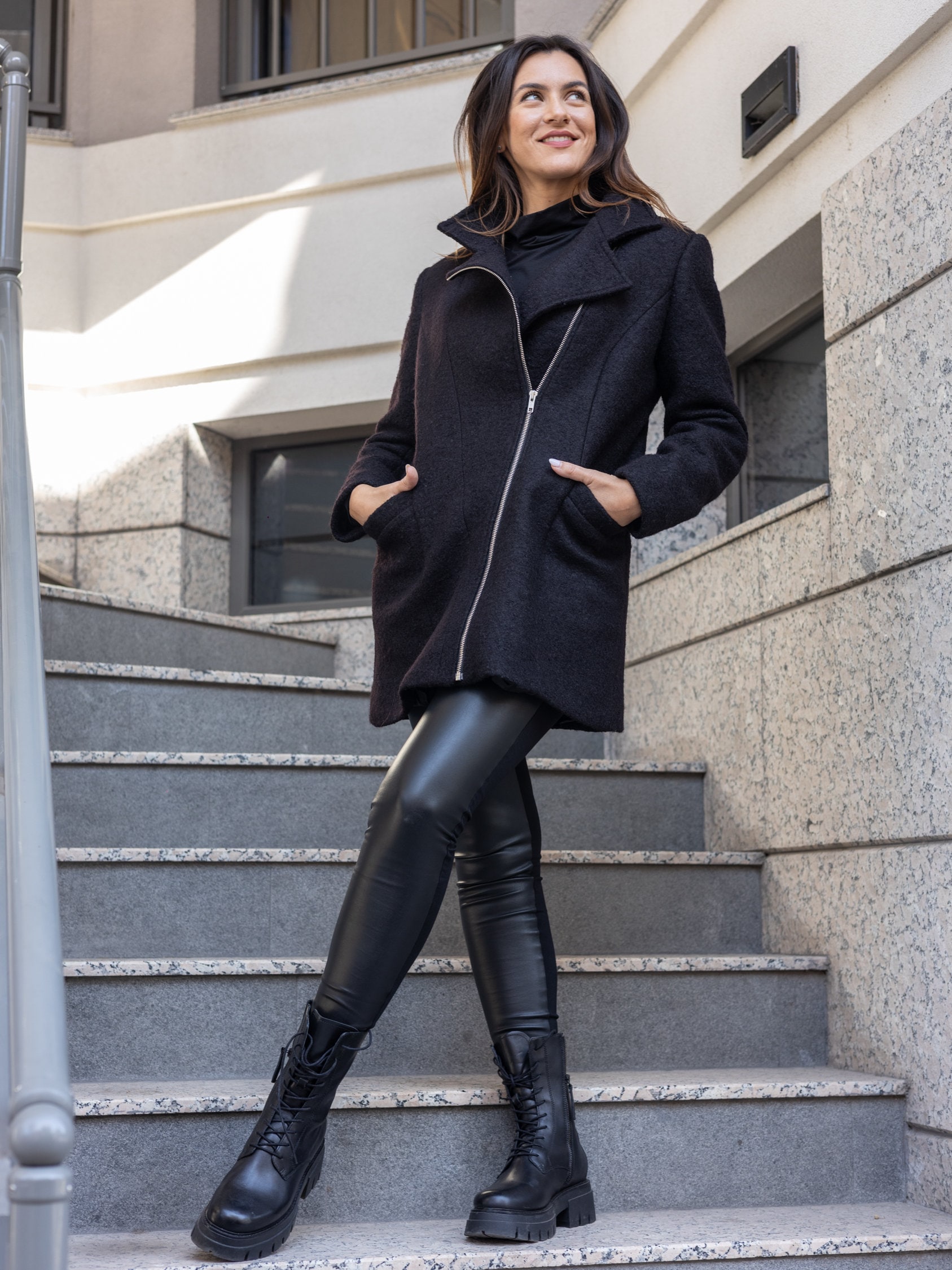 Black Winter High Collar Wool Jacket, Wool Winter Coat, Wool
