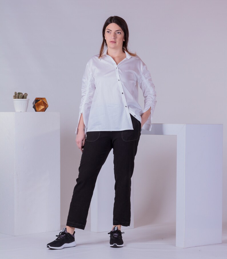 Asymmetric Buttons Shirt, Unusual Shirt, Woman Dress Shirt, Trendy Minimalist Top, White Summer Office Blouse image 5