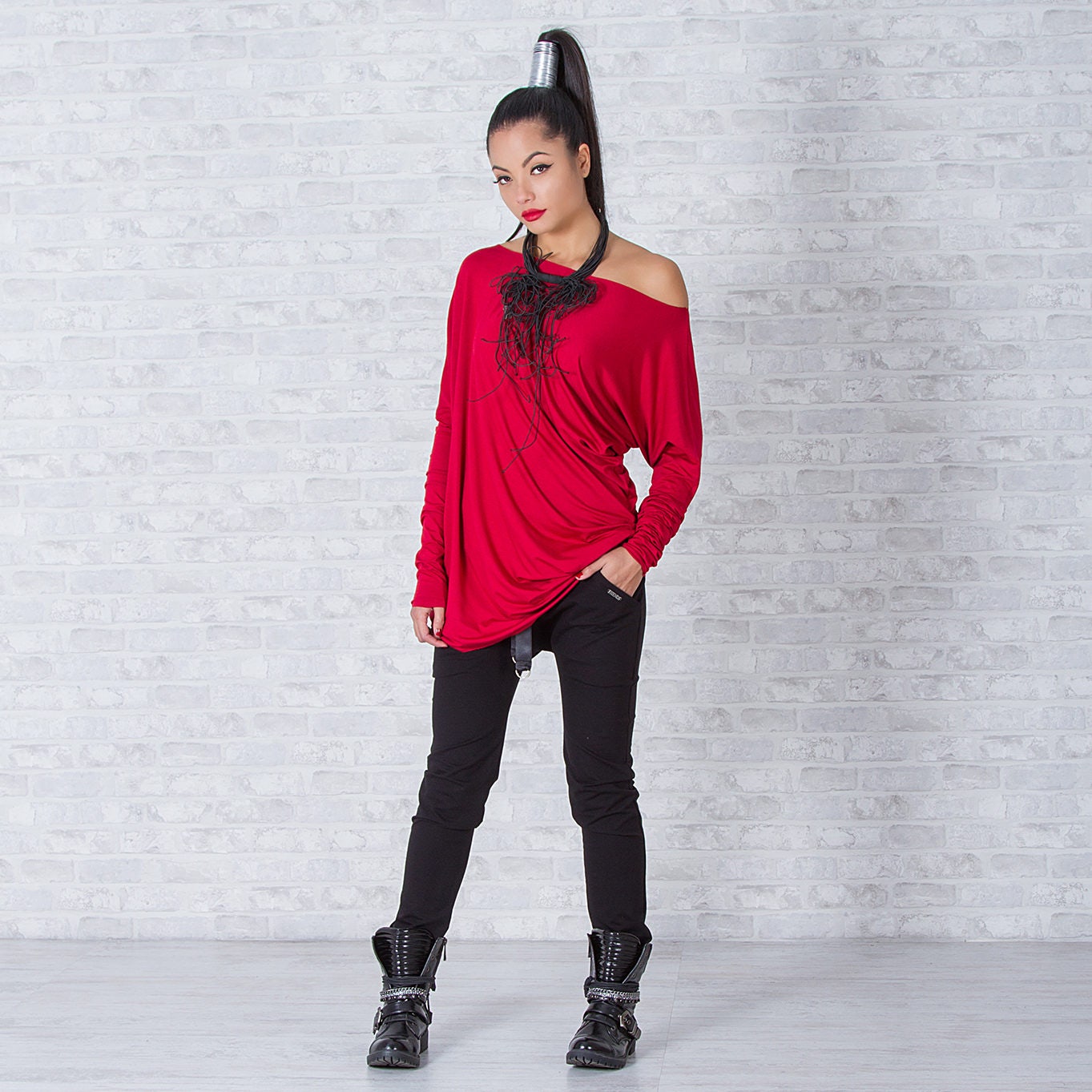 Woman Red Blouse, One Shoulder Top, Long Sleeve Top