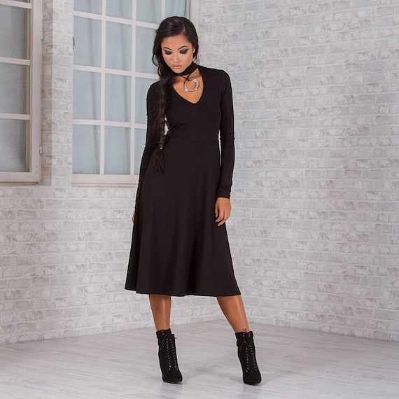 Zwarte jurk midi jurk katoenen jurk jurk met lange mouwen plus size kleding cocktailjurk HOCO jurk avondjurk chokerjurk Etsy Nederland