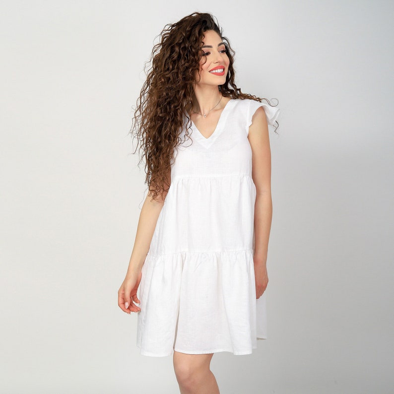 Short Linen Dress JASMINE. Linen Summer Dress with Wings Sleeves, Maternity Short Dress image 2