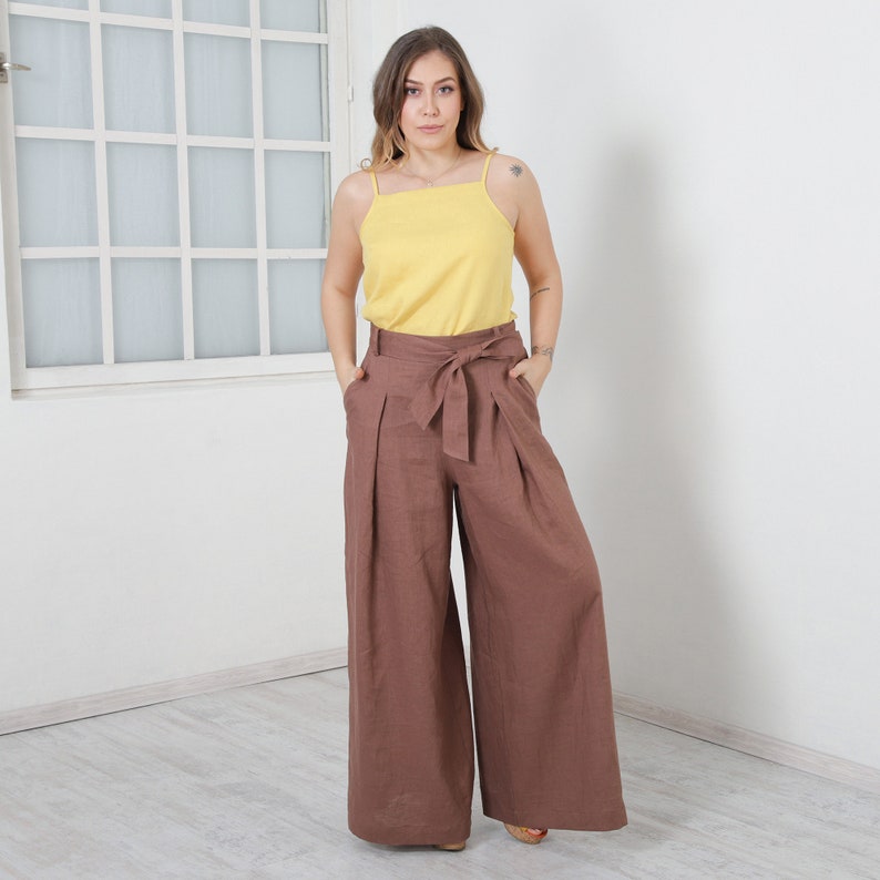Woman Linen Pants With Tie Belt Linen Palazzo Pants Wide Leg Etsy Canada