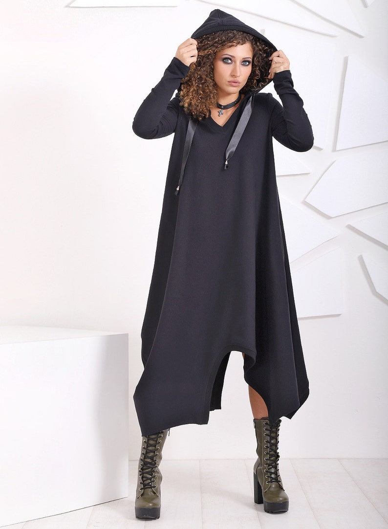 Hooded Dress, Winter Dress, Elves Clothing, Asymmetric Dress, Plus Size Clothing, Woodland Dress, Khaki Dress, Urban Clothing, Long Sleeve 1. Black