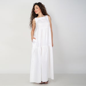 Long White Linen Dress: Loose Sleeveless Maxi Dress
