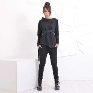 Asymmetric Top, Womens Clothing, Black Cotton Blouse image 2