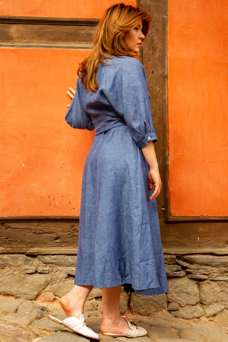 Denim linen dress, long loose dress, wrap dress, belted linen dress, summer long sleeve dress, linen clothing by Friends Fashion image 3