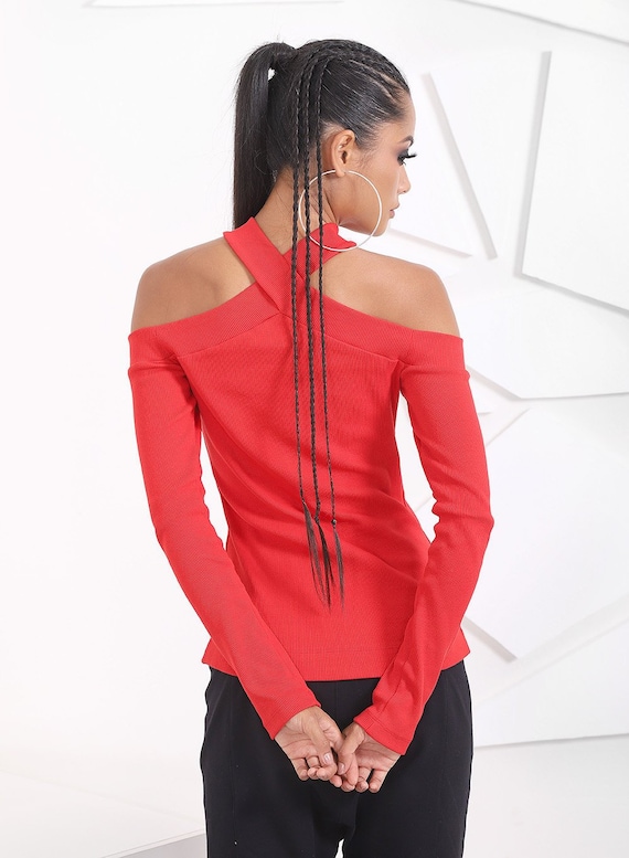 red fitted long sleeve shirt