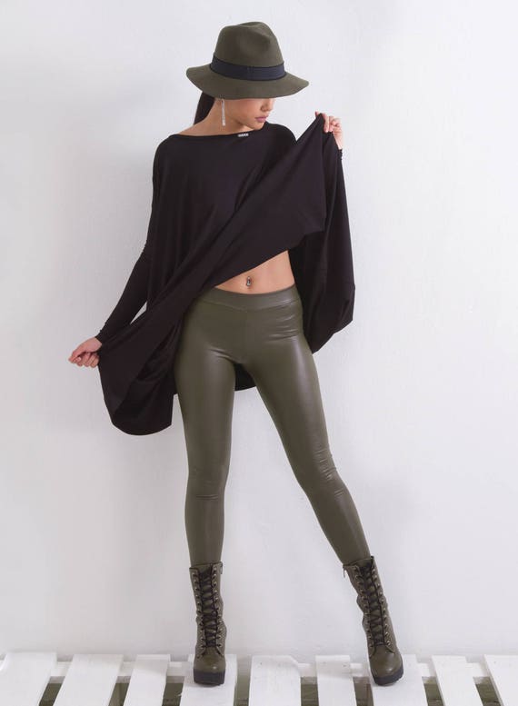 Faux Leather Stretch Pants, High Waist Leather Leggings in Military Green,  Elastic Faux Leather Tights by Friends Fashion -  Canada