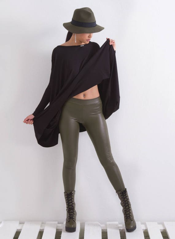 Faux Leather Stretch Pants, High Waist Leather Leggings in