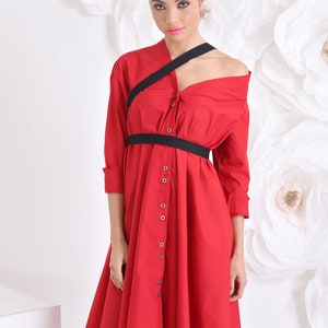 Red Cotton Shirt Dress with Leather Harness Straps