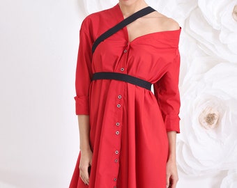 Midi Red Dress, Loose Shirt Dress, Off Shoulder Dress with Leather Harness Straps, Red Shirt Dress, Cocktail Party Dress, Women Clothing