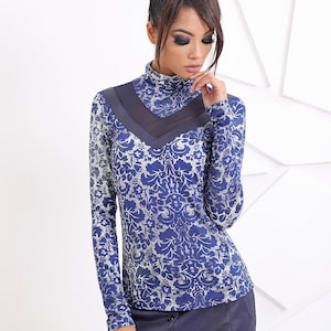 Blue Blouse, Floral Print, Black Turtleneck, Vintage Clothing