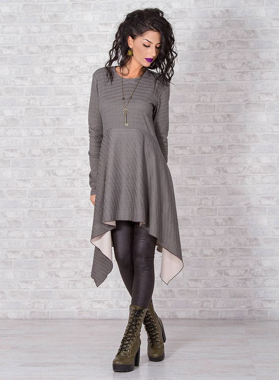 Asymmetrical Gray Melange Tunic Dress: Long Sleeve Cotton