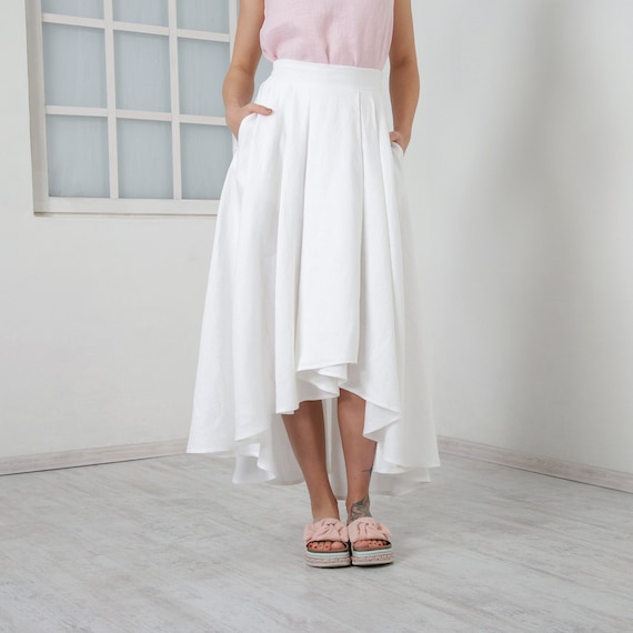 White Linen Skirt Maxi Flax Skirt Long Asymmetrical Skirt With Pockets Full Circle Skirt Loose Summer Skirt by Friendsfashion Etsy