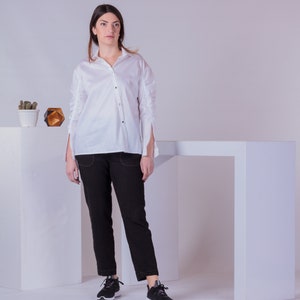 Asymmetric Buttons Shirt, Unusual Shirt, Woman Dress Shirt, Trendy Minimalist Top, White Summer Office Blouse image 2