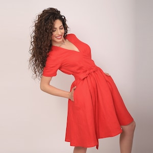Wrap linen dress, Fit and Flare Dress, Red Apron Dress, Spring Linen Dress