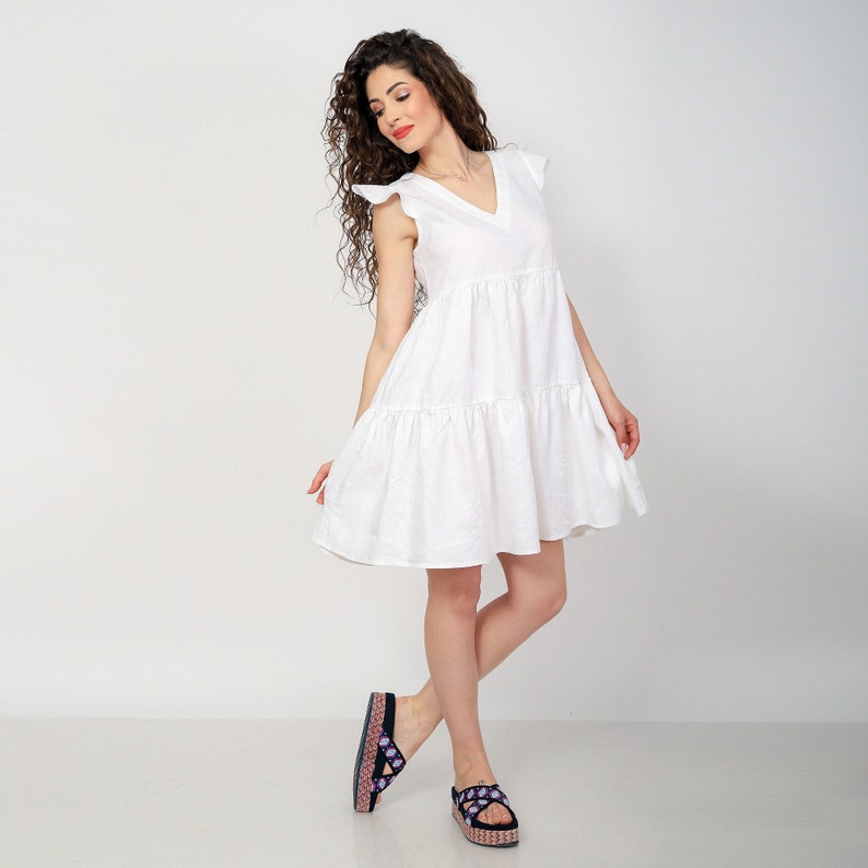 Short Linen Dress JASMINE. Linen Summer Dress with Wings Sleeves, Maternity Short Dress image 1