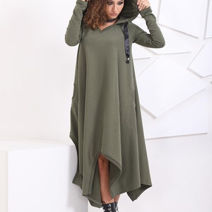 Hooded Dress, Winter Dress, Elves Clothing, Asymmetric Dress, Plus Size Clothing, Woodland Dress, Khaki Dress, Urban Clothing, Long Sleeve image 3